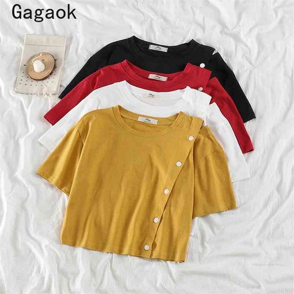 

women streetwear navel t-shirt summer o-neck solid short button loose casual chic wild fashion pullover 210531, White