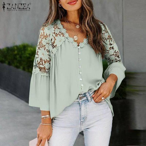 

women's blouses & shirts zanzea 2021 fashion flare sleeve women lace stiching casual spring blusas female v-neck oversized chemise, White