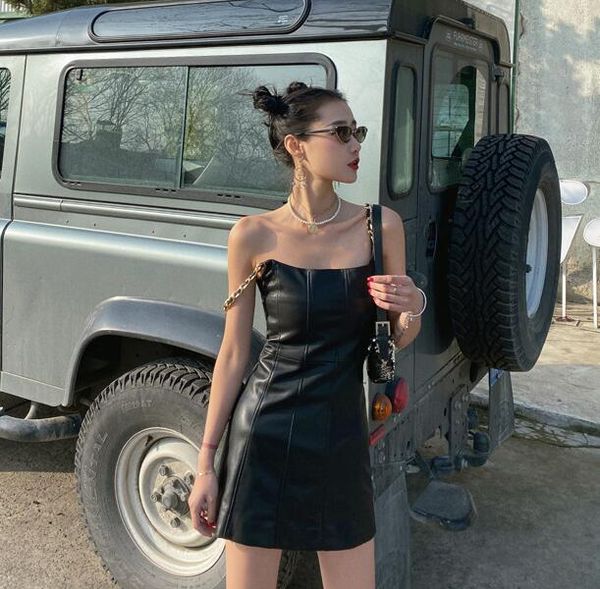 

casual dresses ruibbit gothic leather a-line mini dress women bandage halter hollow out black female party vintage pu, Black;gray