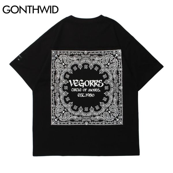 

gonthwid tshirts streetwear hip hop bandana paisley patchwork short sleeve tees shirts mens harajuku hipster casual cotton c0315, White;black