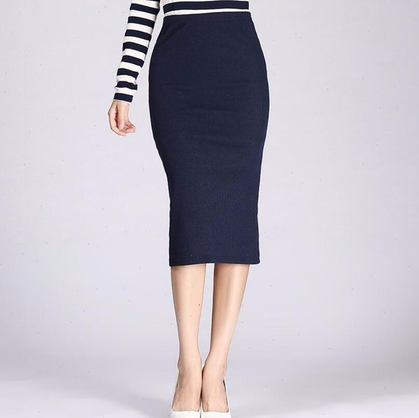 

2020 spring autumn long pencil skirts women slim package hip maxi skirt lady winter chic wool rib knit midi skirt, Black