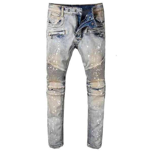 

blue white men vintage painted stretch cotton denim biker jeans slim fit pleated pants for motorcycle