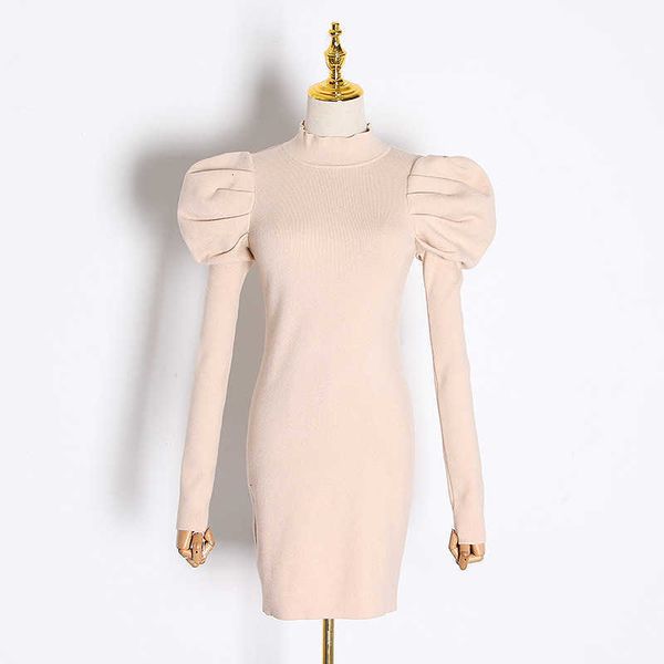 

spring solid puff long sleeve femme robe simple slim bodycon elegant women dresses half high collar knitted vestidos 13a143 210525, Black;gray