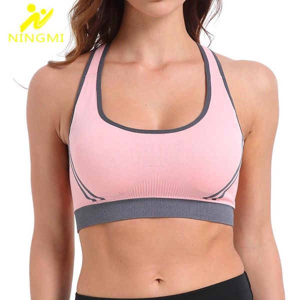 

gym clothing ningmi sports bra high impact running vest female seamless push up yoga for women fitness cross bandage mesh tank top, White;black