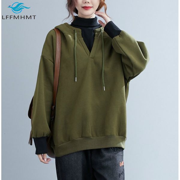 

2021 new women korean style turtleneck fake two pieces thick fleece large size hooded sweatshirt office lady simple casual bu23, Black