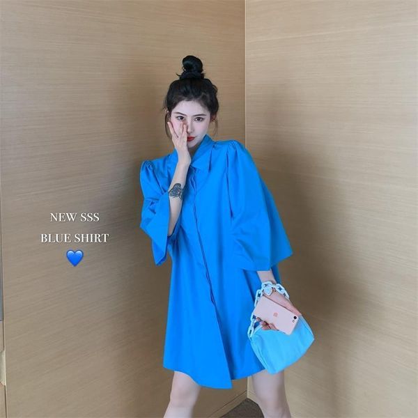 

women's blouses & shirts 2021 summer women street style loose solid color blouse ladies puff sleeve button mid-length female oversize, White