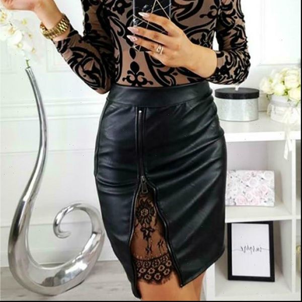 

new fashion women office elegant mini lace patchwork lady high waist pu leather zipper skirts split bodycon party clothes, Black