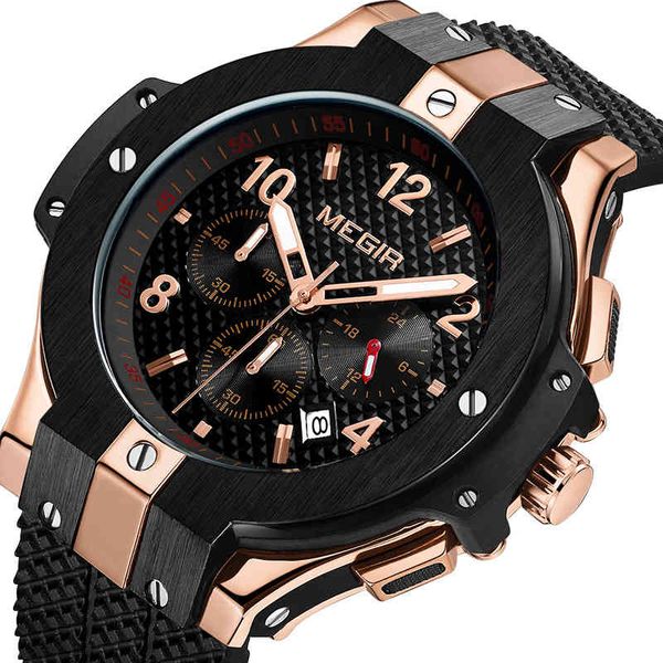 

megir brand men gold rubber band 3atm water resistant chronograph mens quartz wrist watch, Slivery;brown