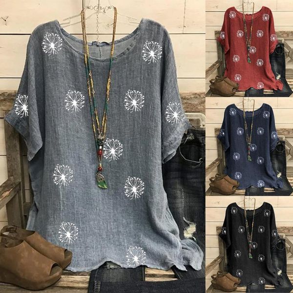 

blusas casual plus size blouse women vintage cotton and linen o neck short sleeve floral print short sleeve blouse dames blouse, White