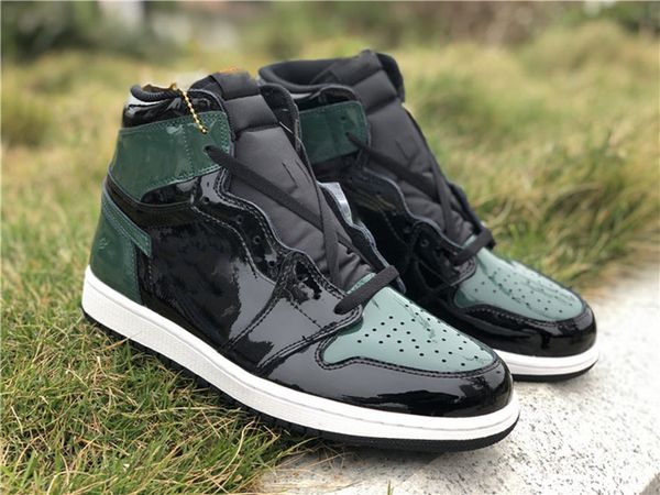 

genuine jumpman 1 high men's basketball shoes green patent leather sports shoelaces shoebox full size 40--46