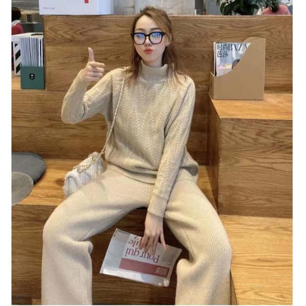 

2021 new korean loose pullover women's 2pcs knitted sweater+wide leg pants suit plus size 2pcs set women knit tracksuit women, White