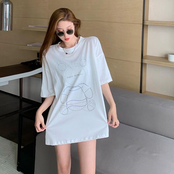 

women's t-shirt oversized stylish tees solid o-neck half sleeves diamonds bear pattern women loose summer 2021, White