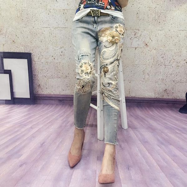 

women's jeans europe style woman spring heavy industry embroidery flower bronzing sequins nine minute small leg pencil pants, Blue