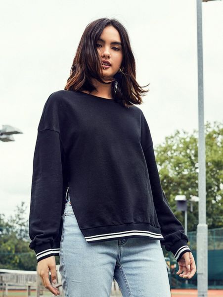 

drop shoulder split hem pullover v9a3#, White;black