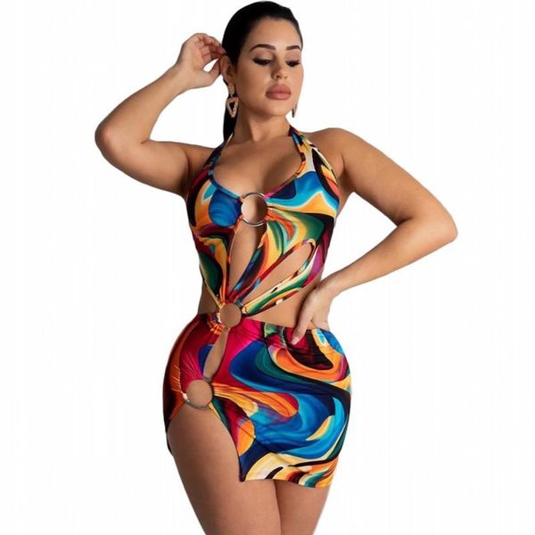 

swimwear women one piece swimsuit halter lace up backless hollow monokini bathing suit colorful print beachwear swimsuit