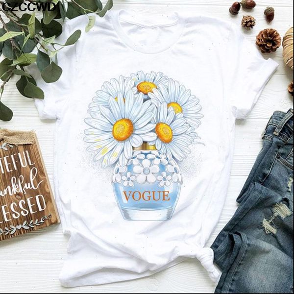 

women clothes vogue daisy perfume bottle sweet print women t shirt short sleeve tshirts summer female t shirts casual tees, White