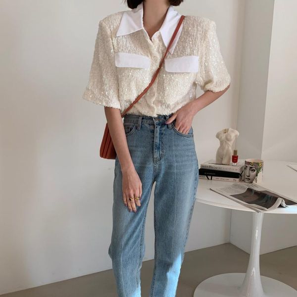 

women's blouses & shirts stylish shirt solid turn-down collar sequins patchwork pockets short sleeves women autumn spring 2021, White