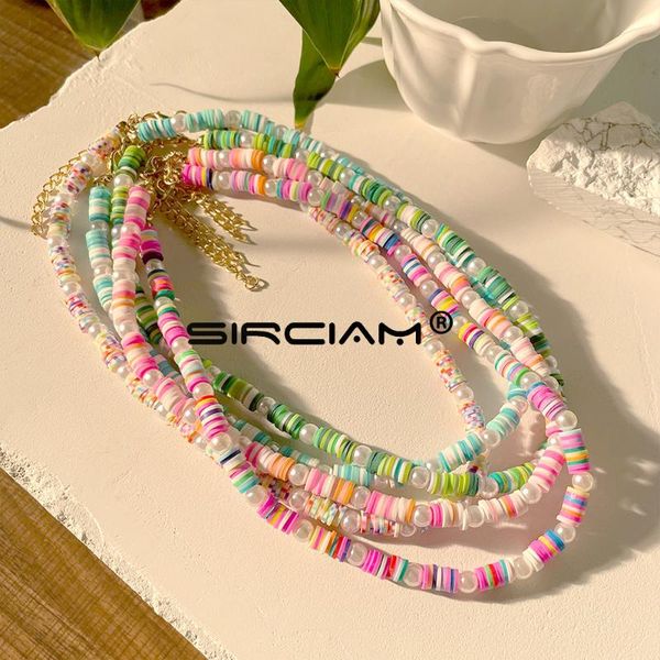 

chokers simple candy colorful pearl soft pottery clay bead necklace for women rainbow beaded choker sweet boho vacation jewelry, Golden;silver