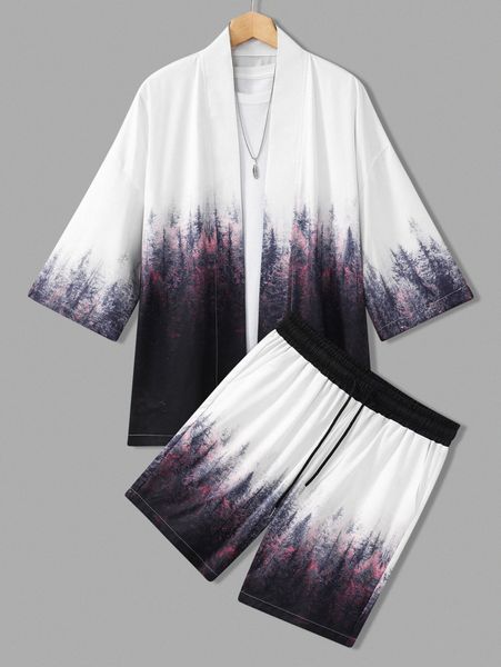 

men random tree print open front jacket & drawstring waist shorts 406d#, Gray