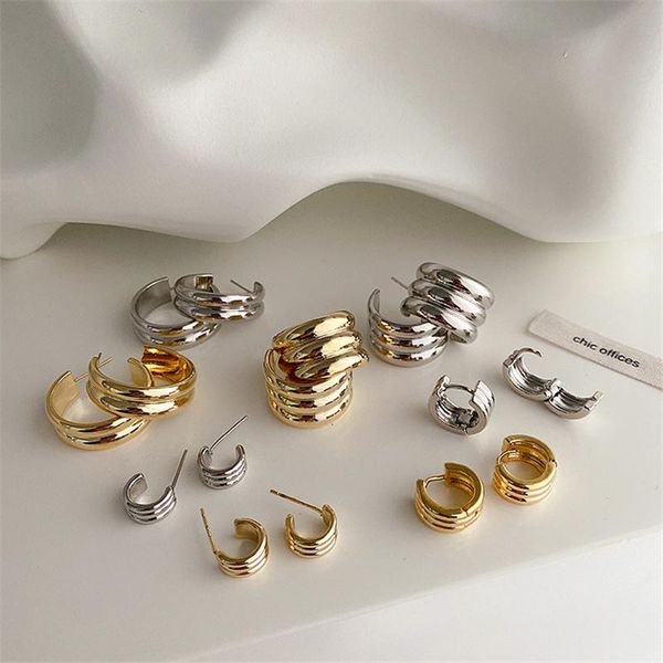 

hoop & huggie 2021 korean vintage gold silver color metal geometric round earrings for woman girls aesthetic party office jewelry, Golden;silver