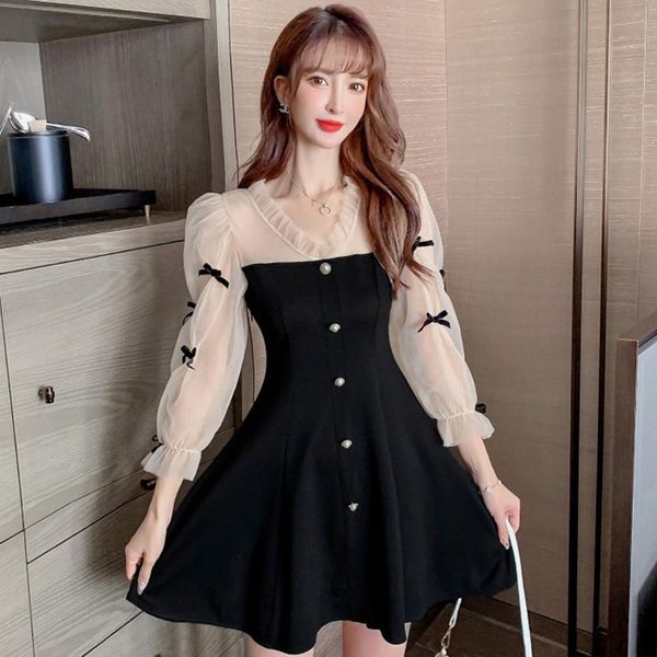 

casual dresses spring autumn women's dress korean style mesh stitching a-line long-sleeved waist slim short female ll670, Black;gray