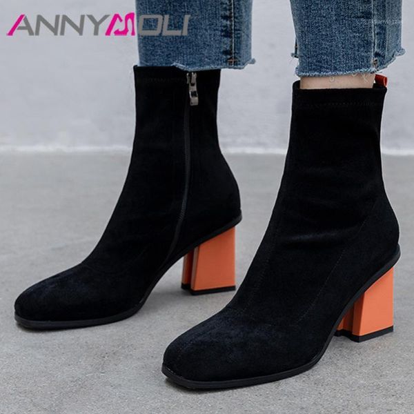 

boots annymoli ankle women shoes square toe thick heels short female zipper high heel lady footwear autumn orange size 431, Black