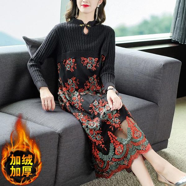 

casual dresses 2021 autumn winter women thicken warm base dress retro flowers embroidery patchwork knitted, Black;gray