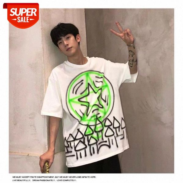 

t-shirt men and women summer short-sleeved hand-painted graffiti ins port style loose tide couple five-point sleeve #kg4q, White
