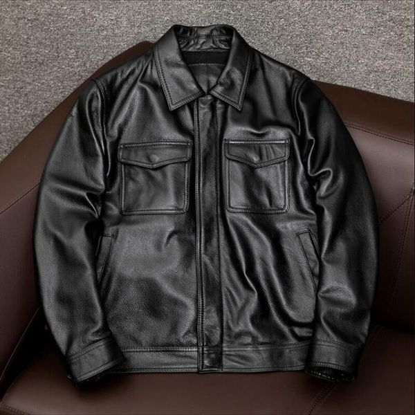 

men's leather & faux men cowhide jacket 2021 jackets bomber real genuine s-7xl vintage style, Black
