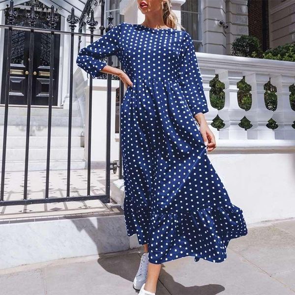 

casual dresses zanzea bohemian women dress 2021 summer polka dot maxi vestidos long sleeve a-line sundress ladies o-neck oversized robe, Black;gray