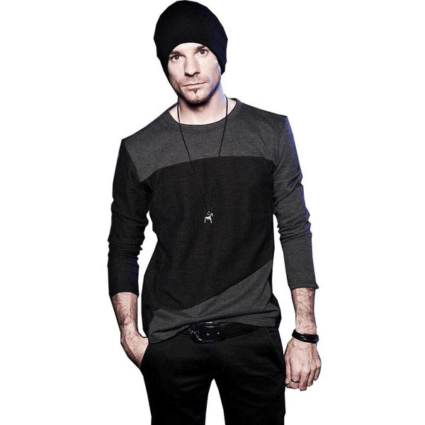 

men's t-shirts gray and black patchwork t-shirt o-neck long sleeve fashion hip hop homme slim fitness casual male, White;black
