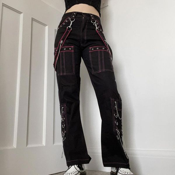 

women's jeans 2021 hipster girls chain d-button cargo pants hip-hop overall clash color open line pocket wide leg pant cool young rocke, Blue