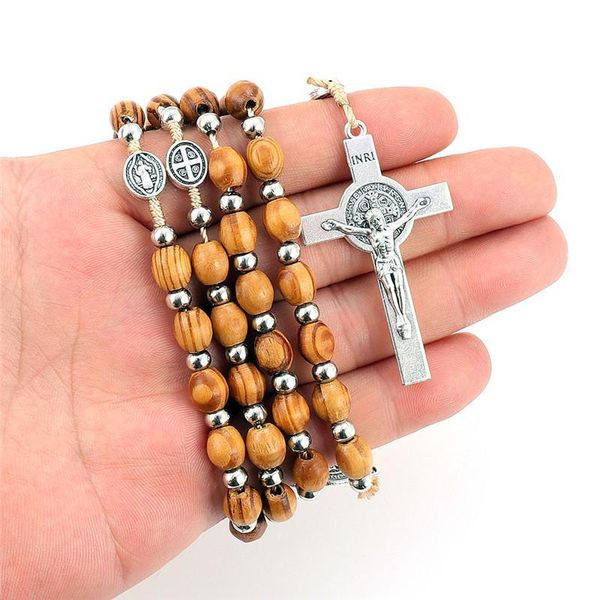 Colares pendentes Cruz de moda para homens mulheres miçangas de madeira Rosário Jesus Jóias Católicas Cristãas Jóias Religiosas