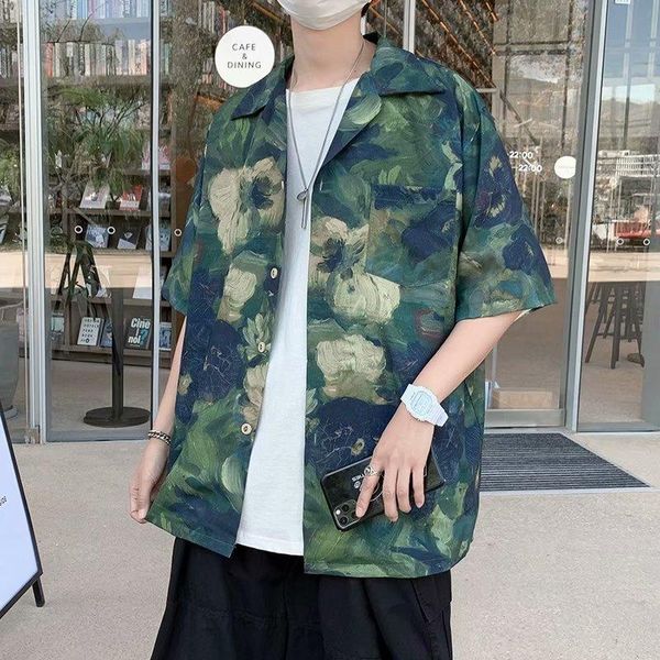 

men's casual shirts short-sleeved shirt jacket summer tide brand loose retro oil painting ruffian handsome port style japanese beach th, White;black