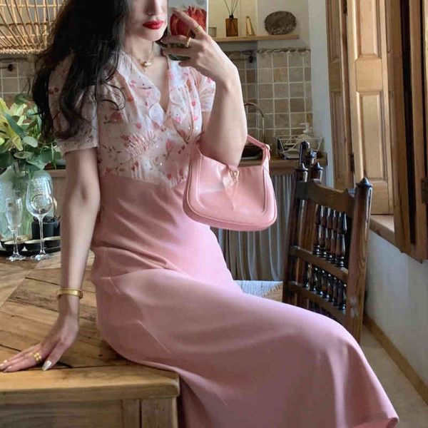 

women's jackets summer floral print ruffle chiffon dress women patchwork short sleeve pink french elegant midi dresses party sukie, Black;brown