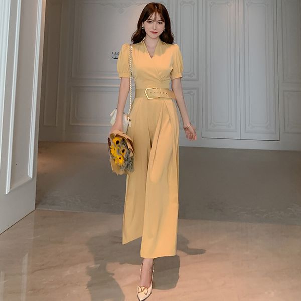 

new arrival fashion autumn loose women elegant office lady temperament vintage puff sleeve v-neck long jumpsuits 3ds4, White