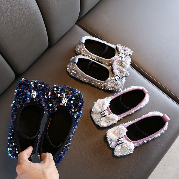 

autumn girls bling leather shoes slip on flat shoes kids butterfly knot princess shoes glitter boat baby mary jane 1-12y, Black;grey