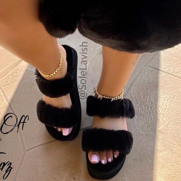 

slippers women beach fur cork candy color casual flat heel sandals and outdoor versatile durable for home, Black