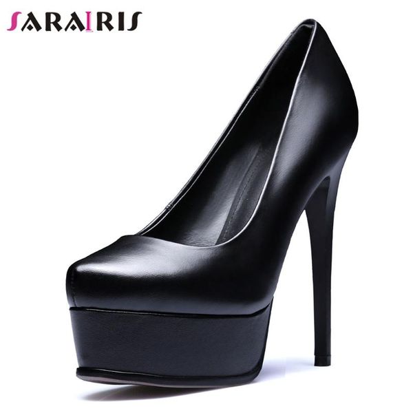 

dress shoes sarairis brand genuine leather female platform high heel slip on shallow black pumps office casual women woman