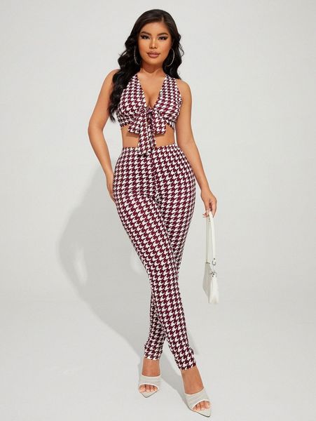 

sxy houndstooth graphic tie front crop & leggings set 42tn#, White
