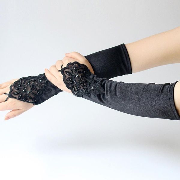 

five fingers gloves lace for women elegant evening opera satin gothique elbow length fingerless soild embroidery glove luva inverno, Blue;gray