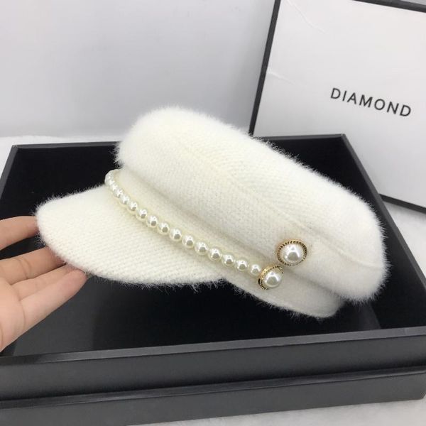 

berets military cap pearl buttons winter warm faux fur lady octagonal hat women leisure visors sboy caps mink hair hats, Blue;gray