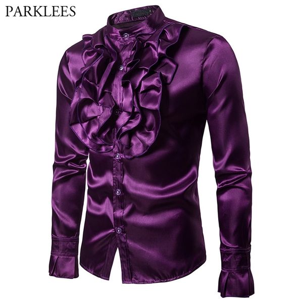 Camicia in raso di seta viola Uomo Design unico Smoking da sposa vintage Uomo manica lunga Slim Fit Gothic Male Chemise Homme 210721