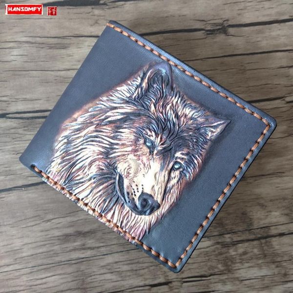 

wallets handmade leather wallet men short first layer cowhide cross section youth personality lone wolf purses engraving, Red;black