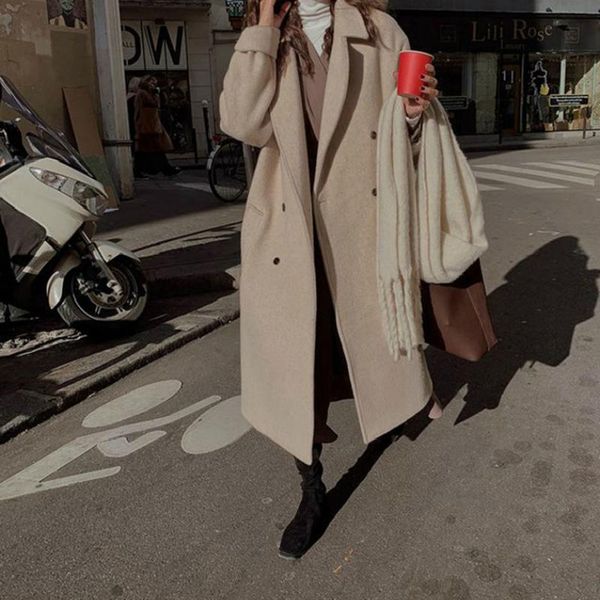 

women's wool & blends korea 2021 winter style long black woolen overcoat women high end double sided breasted loose plus size coat jack