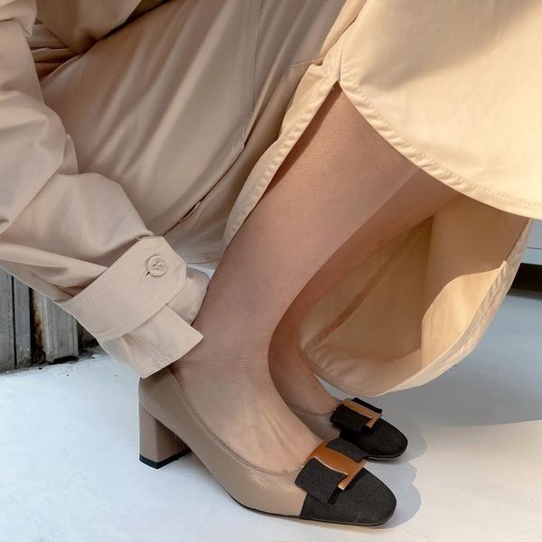 

women's trench coats bow shallow mouth single shoes spring 2021 high heels thick are versatile color matching, Tan;black