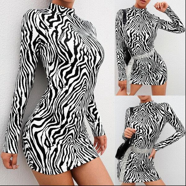 

fashion women bodycon long sleeve zebra striped dress clubwear print turtleneck slim dress evening party mini pencil dress, Black;gray