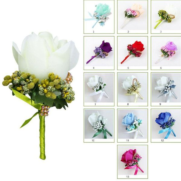 

wedding flowers 1pc women men artificial rose flower brooch bouquet corsage glitter rhinestone ribbon lace classic prom boutonniere
