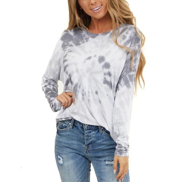 

saletie-dye print on t-shirts women's fashion toevallige round neck long mouw trui losse winter tshirt blosas for mujer, White