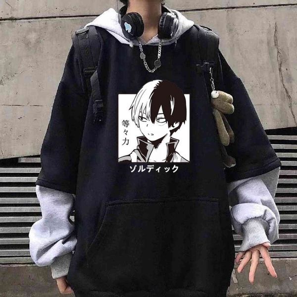 

2021 anime my hero academia printed hoodie funny s todoroki long sleeve oversize hip hop sweatshirt y1109, Black